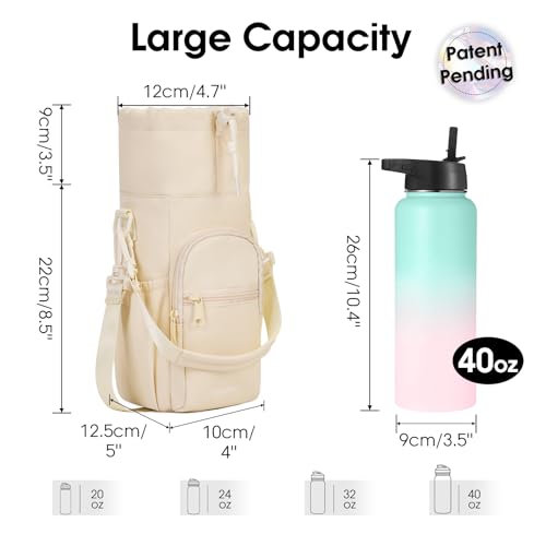 sportsnew 40oz Insulated Crossbody Water Bottle Bag Gym Hiking Phone Pocket - color: Beige