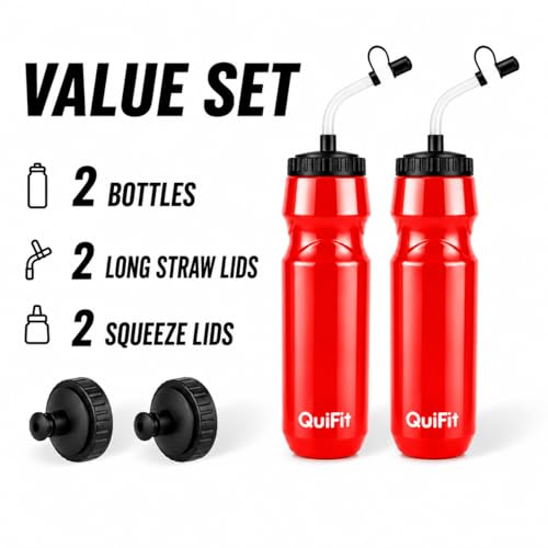 QuiFit Lacrosse Water Bottle with Long Straw, Hockey 1 Liter Water Bottles | 2 Lids Each, BPA Free Squeeze Lightweight, Leakproof Dishwasher Safe, For Helmet, Baseball (Red) - color: Red