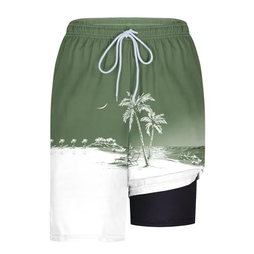 Men's Swim Trunks with Compression Liner Drawstring Bathing Suits Board Beach Shorts with Pockets - color: Army Green, size: XX-Large