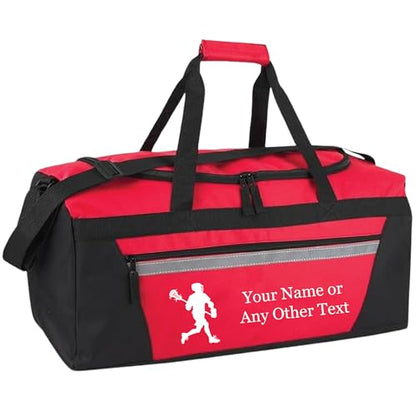 Personalized Sports Duffel Bags for Men and Women - 22” Customized Travel Duffle with Name & Lacrosse Design - Water Resistant Two-Toned Overnight Weekender Bag - Red - color: Red, style: Lacrosse