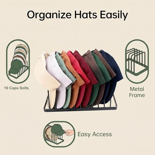 Hat Organizer for Baseball Caps - 4 Pack Hat Stand Holds 40 Caps | Heavy Duyt Metal Hat Rack, Space Saving Hat Holder, No Assembly Required for Tabletop, Closet, Desk Preserves Hat Shape - color: Black 4 Pack
