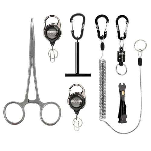 Booms Fishing FF3 7 PCS Fly Fishing Tools Kit, Fishing Knot Tool and Line Clipper Retractor, Magnetic Net Release with Lanyard, Fly Fishing Tippet Spool Holder, Hook Remover Forceps - color: Black