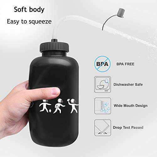 Hockey Water Bottles with Long Straw, Fit for Football Lacrosse Gym Sport, Plastic Squeezable Leakproof BPA Free, No Strange Smell, Easy to Clean, 1 Liter 32 oz (3 Straw Caps) (black) - color: black