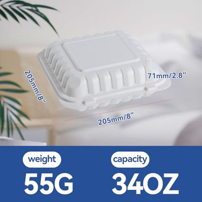 White To Go Containers 8" 34 oz 55 Pack - Shrink Wrap Ready to Use | Mineral Filled PP BPA Free Clamshell Boxes | Food Grade Freezer Microwave Dishwasher Safe | Bulk for Catering & Restaurants - size: 8 inch 34 oz