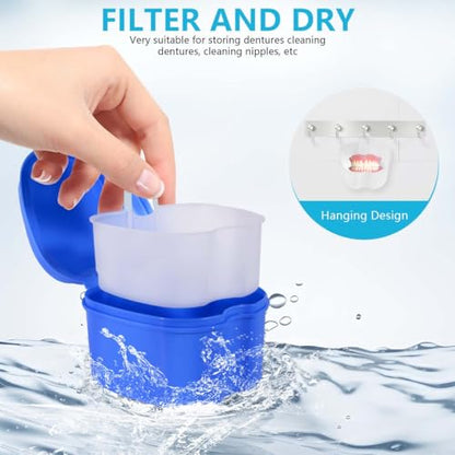 KISEER 2 Pack Colors Denture Bath Case Cup Box Holder Storage Soak Container with Strainer Basket for Travel Cleaning (White and Blue) - color: White and Blue