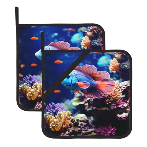 Coral Reef Fish Aquarium Pot Holders Set of 2 Kitchen Potholders with Pocket Heat Resistant Hot Pad Table Pads Non Slip Trivet for Cooking Baking Camping