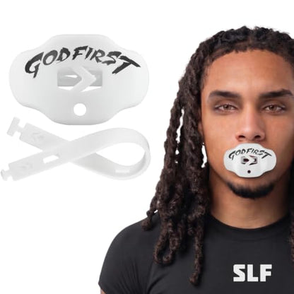 SLEEFS Classic Football Mouthguard with Bold Designs and Removable Strap - color: God First White