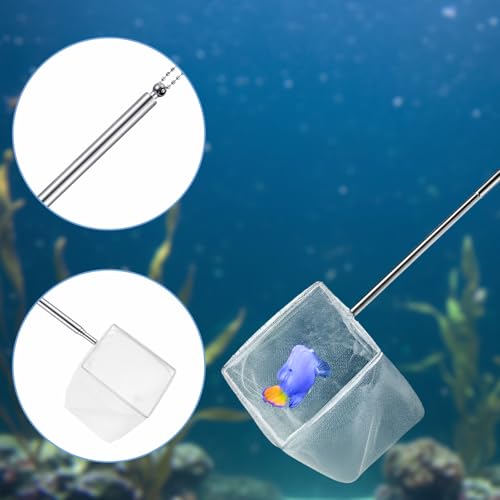 2 Pcs Small Fish Tank Shrimp Net, Stainless Steel Extendable Handle Aquarium Net, Fine Nylon Mesh, Square Debris Skimming Nets for Pond and Aquarium