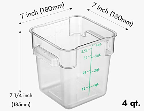 4 Pack Food Storage Container with Green Lid - NSF Commercial Grade in 4.0 Qt - Square, Clear, Polycarbonate