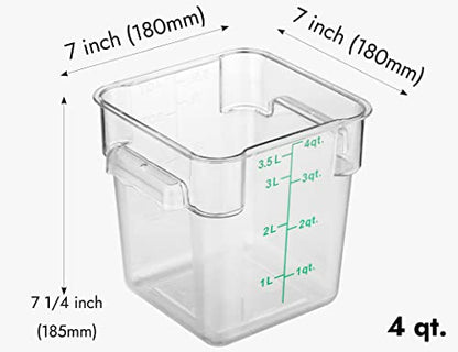 4 Pack Food Storage Container with Green Lid - NSF Commercial Grade in 4.0 Qt - Square, Clear, Polycarbonate