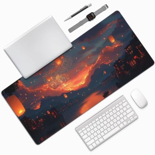 XXL Gaming Mouse Pad 35.4 x 15.7 Inch, Large Desk Mousepad with Moonlit Asian Landscape Design, Water-Resistant Surface, Stitched Edges, Non-Slip Rubber Base Desk Mat - color: Moonlit Asian Landscape