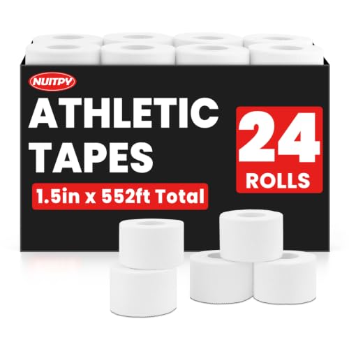 NUITPY 24 Pack Athletic Tape, White Sports Tape, Easy Tear Wrist Tape, Strong Adhesion Tapes for Boxing, Gymnastics, Hockey, Soccer, Lacrosse and First Aid(1.5in x 552ft Total) - color: White-24 Rolls