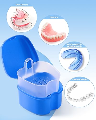 JMU 2 Pcs Denture Bath Case, Denture Cup with Strainer Basket Tray - color: Navy Blue,Teal Blue