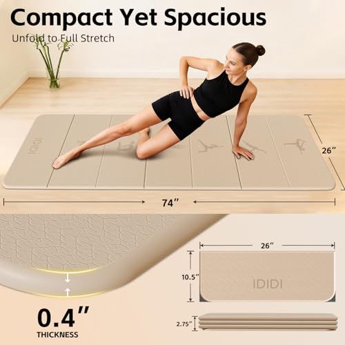 Extra Thick 10mm Foldable Yoga Mat, SGS Certified POE Non-Slip Mat, Multi-Purpose Exercise & Fitness Mats for Studio or Home - color: Beige-74"L x 26"W x 0.4"Th