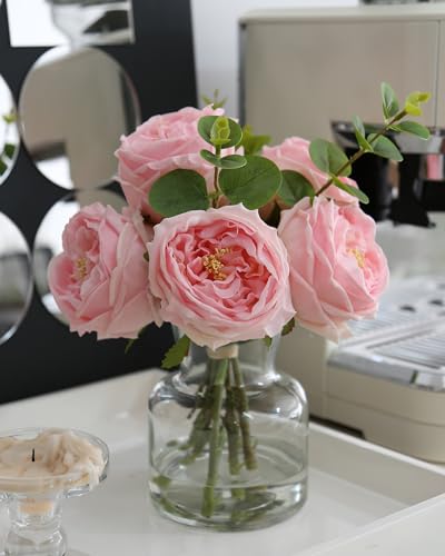Artificial Flowers with Pink Roses in Vase, Lifelike Fake Flowers in Vase, Faux Flower Arrangements for Dining Table Centerpiece Decor, Table Centerpieces for Dining Room - color: Pink Simulated Rose With Vase