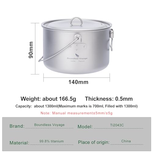 Boundless Voyage Titanium Hanging Pot for Outdoor Camping Backpacking Hiking Ultralight Portable Cooking Pot Camp Kitchen Cookware 1300ML/1950ML/2900ML - color: 1300ml (44 fl oz)