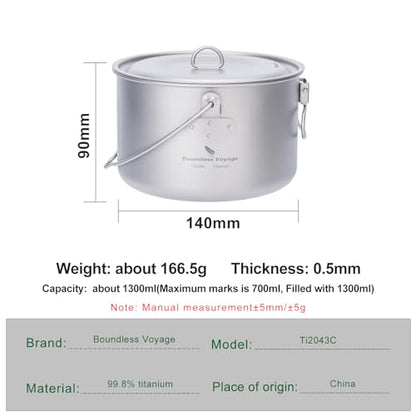 Boundless Voyage Titanium Hanging Pot for Outdoor Camping Backpacking Hiking Ultralight Portable Cooking Pot Camp Kitchen Cookware 1300ML/1950ML/2900ML - color: 1300ml (44 fl oz)