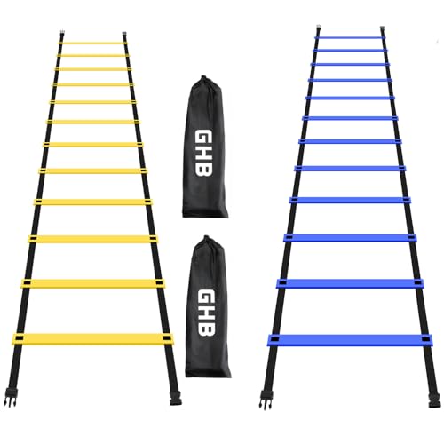 GHB Pro Agility Ladder 2 Pack Agility Training Ladder Speed 12 Rung 20ft with Carrying Bag (Yellow and Blue)