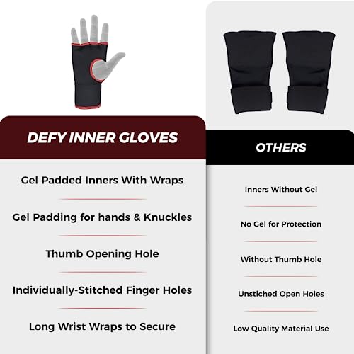 DEFY Padded Inner Gloves Quick 75cm Long Strap – Inner Boxing Gloves Gel Padded Knuckle Protection – Elasticated Boxing Hand Wraps for MMA Muay Thai Kickboxing Martial Arts Pair - color: Black, size: X-Large