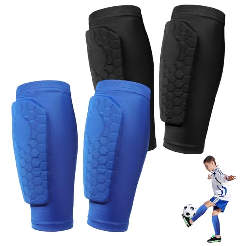 2 Pairs Soccer Shin Guards Shin Pads for Kids Youth Adult | Protective Calf Compression Sleeve with Honeycomb Pads, for Boys Girls, for Football, Ski, Baseball - color: Black+Blue, size: X-Large