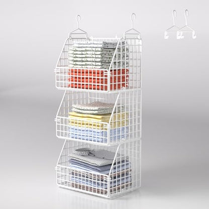 Hanging Closet Organizer and Storage, Clothes Hanging Shelves Wire Baskets for Clothing Sweaters Purse Handbags Shoes White 3 Tier - color: White-3pcs