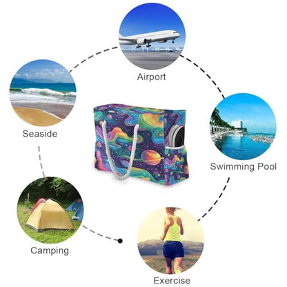 senya Large Beach Bags Totes Canvas Tote Shoulder Bag Soft Wave Water Resistant Bags for Gym Travel Daily Ocean - color: Rainbow Planet Dream