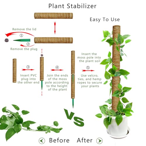 Moss Pole, 53.5 Inch Monstera Plant Support, Moss Sticks for Indoor Plants Climbing Coco Coir Pole, 4 Pack 17 Inch Stackable Moss Pole for Plants
