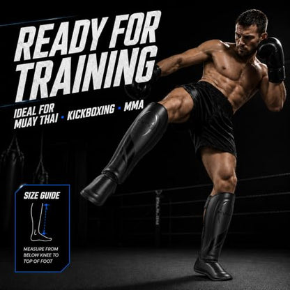 Upgraded Thickened Muay Thai Shin Guards with Instep | Enhanced Impact Protection, Kickboxing & MMA Leg Guards, Martial Arts Sparring Training, long-lasting for Men Women - size: Medium