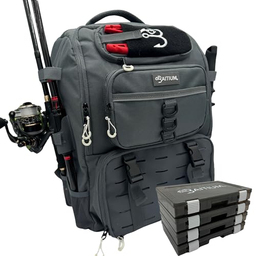 Baitium Fishing Backpack, Tackle Bag With Rod Holders, 40L Capacity With Cooler, Rain Cover, Insulated Pocket, 4 Tackle Trays Included - (Grey) - color: Grey