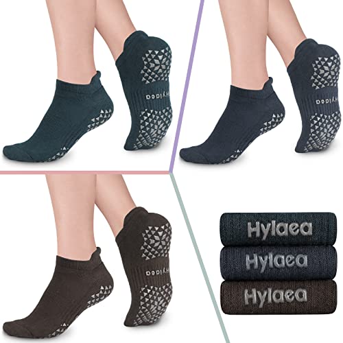 Hylaea Unisex Non Slip Socks with Grip for Yoga, Hospital, Pilates, Barre | Ankle, Cushioned - color: 1. Dark Green Dark Grey Coffee (3 Pairs), size: Large-X-Large