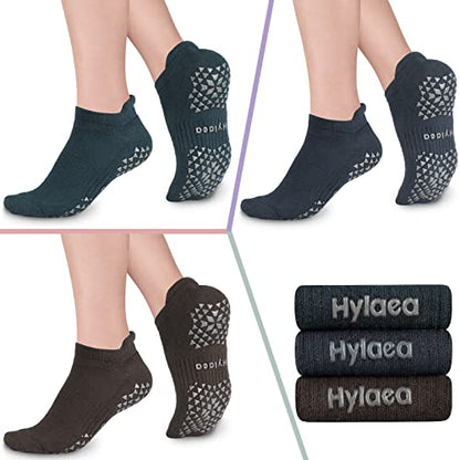 Hylaea Unisex Non Slip Socks with Grip for Yoga, Hospital, Pilates, Barre | Ankle, Cushioned - color: 1. Dark Green Dark Grey Coffee (3 Pairs), size: Small-Medium