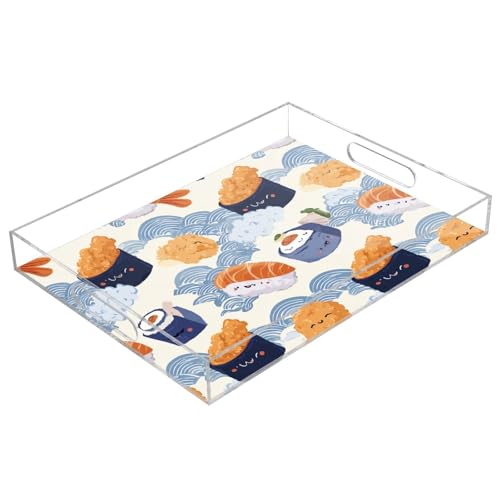 Acrylic Tray Clear Serving Vanity Ottoman Bathroom Coffee Table Countertop Organizer Raised Edge Spill Proof Cute Sushi and Blue Waves - color: Cute Sushi and Blue Waves
