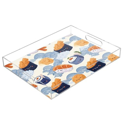 Acrylic Tray Clear Serving Vanity Ottoman Bathroom Coffee Table Countertop Organizer Raised Edge Spill Proof Cute Sushi and Blue Waves - color: Cute Sushi and Blue Waves