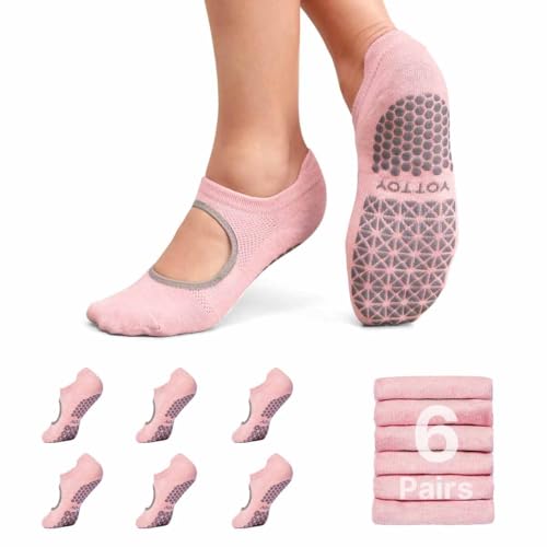 YOTTOY Pilates Socks for Women(6 Pairs)–Breathable, Grip-Enhanced Non-Slip Yoga Socks, Durable & Perfect for Home Workouts - color: Pink