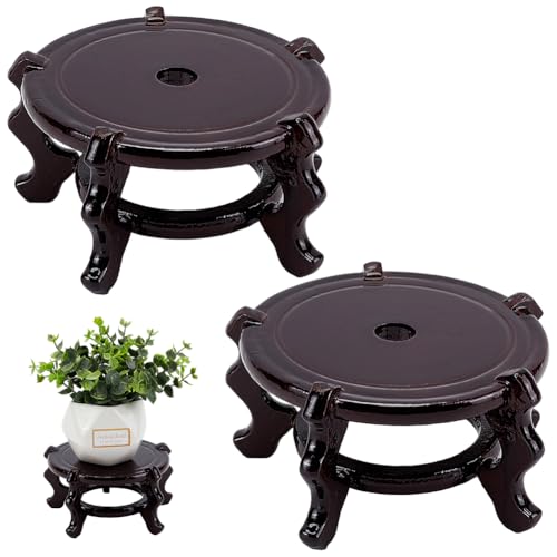 2 Pcs Wooden Plant Stands Indoor, 6.5" Diameter Chinese Oriental Decorative Sturdy Plant Stand for Vases, Planters Mini Fish Tanks (Brown) - size: 6.5 Inch