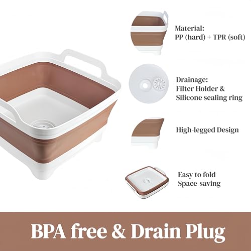 Collapsible Wash Basin for Baby Bottles - 2.4 Gallons Portable Wash Bin for RV Camping Sink, Space-Saving Dish Tub (Mocha) - color: Mocha