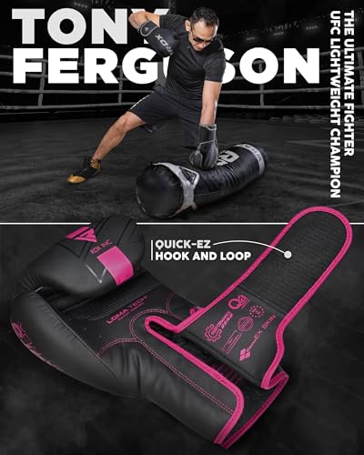 RDX Boxing Gloves, Pro Training Sparring, Maya Hide Leather, Muay Thai MMA Kickboxing, Men Women Adult, Heavy Punching Bag Focus Mitts Pads Workout, Ventilated Palm, Multi Layered, 8 10 12 14 16 18 Oz - color: PINK, size: 14 OZ