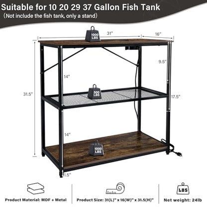TC-HOMENY Fish Tank Stand 10/20/29/37 Gallon, Aquarium Stand with Charging Station,1000LB Capacity ,31" L x 16" W Metal Reptile Tank Stand, Double Storage Design Adjustable Boards, Brown(Tank not Included)