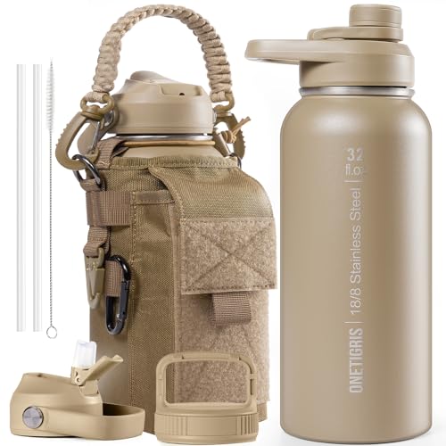 ONETIGRIS 32oz Insulated Tactical Water Bottle with Straw & MOLLE Sleeve - color: Brown