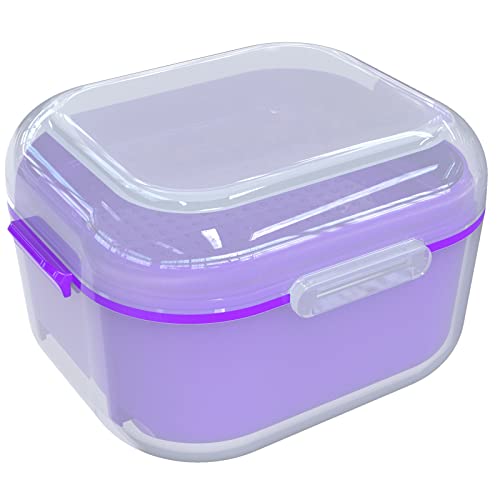 ARGOMAX Denture Soaking Cup with Strainer, Dark Purple - color: Transparent Shell+purple Inner Tray