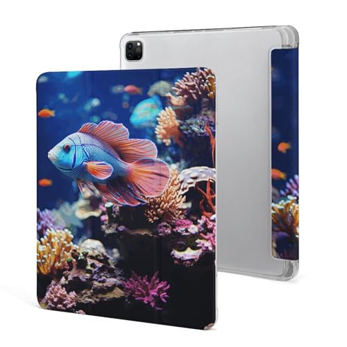 Coral Reef Fish Aquarium Case for iPad Pro 12.9 Inch 2022/2021/2020(6th/5th/4th Gen) Trifold Stand with Pencil Holder, Soft Silicone Shockproof Protective Cover, Slim Lightweight
