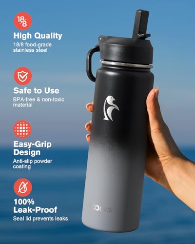 Coolflask 24 oz Insulated Water Bottle with Straw & 3 Leakproof Lids - color: Piano Night, size: 24 Ounces