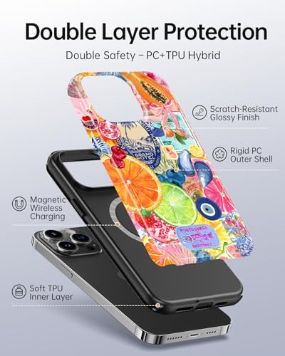 for iPhone 14 Pro Max Case, Cute Fruit Lemon Seashell Summer Collage Phone Case, Compatible with Magsafe, Trendy Western Glossy Yellow Magnetic Slim Shockproof Protective Women Girl Men Cover