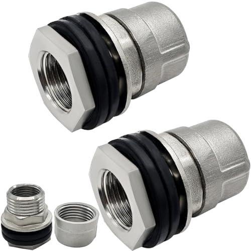 Beduan Stainless Garden Hose Bulkhead Fitting, 3/4" GHT Male to 1/2" Female Bulkhead Water Tank Connector Thru-bulk Fitting for Rain Barrels, Aquariums, Sinks, Irrigation with Caps(Pack of 2)