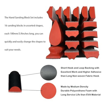 Hand Sanding Block Set of 16,Interchangeable Assorted Contoured Profile Sanding Pad Kit,Hook and Loop Abrasive Sanding Chassis for Sand Wood Furniture, Auto Paint and Crafts,Red - size: Sanding Block, style: Red(16PCS)