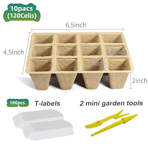 120 Cells Seed Starter Tray, 10 Pack Biodegradable Peat Pots with 100 Labels, Plant Starter Kit for Seedlings - size: 120 Cells, 10 Packs