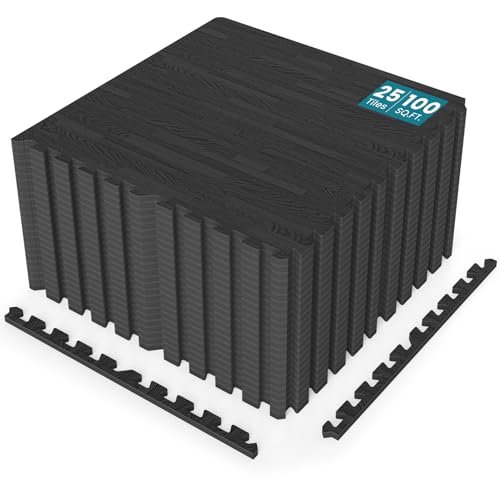 Happygrill Interlocking Wood Grain EVA Foam Floor Tiles, 100 Sq. Ft, 25 PCS - color: Black, size: 100 Sq. Ft.