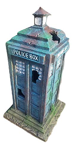 Old Style 1960's Police Box Aquarium Ornament Decor, Fish Safe Polyresin, 7 Inches Tall | Aquarium Fish Tank Tardis Fish Hideout House Resin Ornament, Blue Decoration
