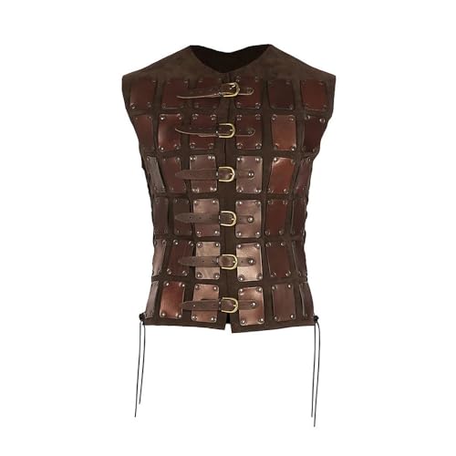 Viking Chest Guard, Medieval Vest Chest Armor with 6-Layer Belt Buckle, Steampunk Cosplay Knight Breastplate - color: Brown