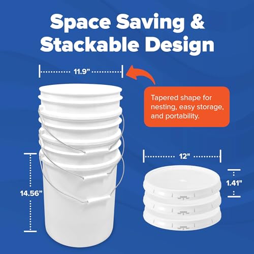 5 Gallon Bucket - Food Grade Bucket, Metal Handle Grip, BPA-Free, Heavy-Duty 90 Mil HDPE Plastic Pail, Stackable Utility Container, Made in USA, Lid Not Included, White, 3 Packs - color: White, size: 3 Packs